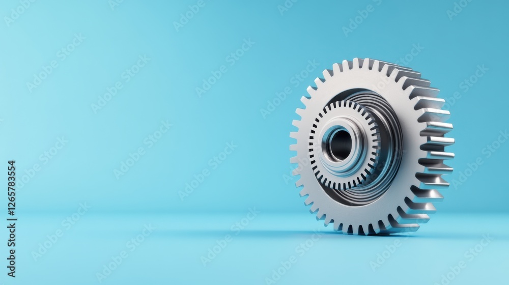 Close-up View of Silver Gear on Soft Blue Background, Ideal for Technology and Engineering Concepts Close-up View of Silver Gear on Soft Blue Background, Ideal for Technology and Engineering Concepts