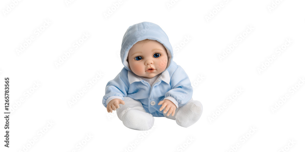 Baby doll wearing blue outfit sitting isolated on transparent background Baby doll wearing blue outfit sitting isolated on transparent background