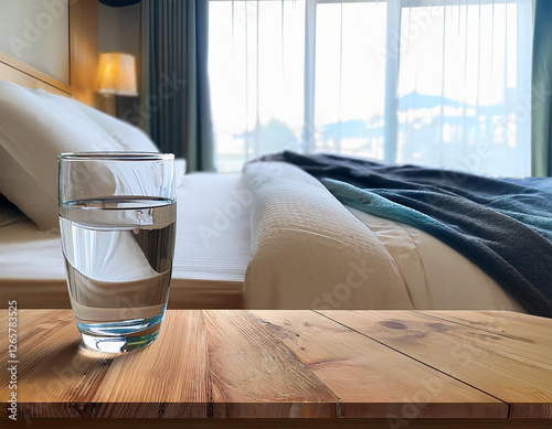 the wooden table is next to the bed there was an empty glass of water on the table drinking water in the morning benefits concept health fitness drinking water and getting adequate sleep photo