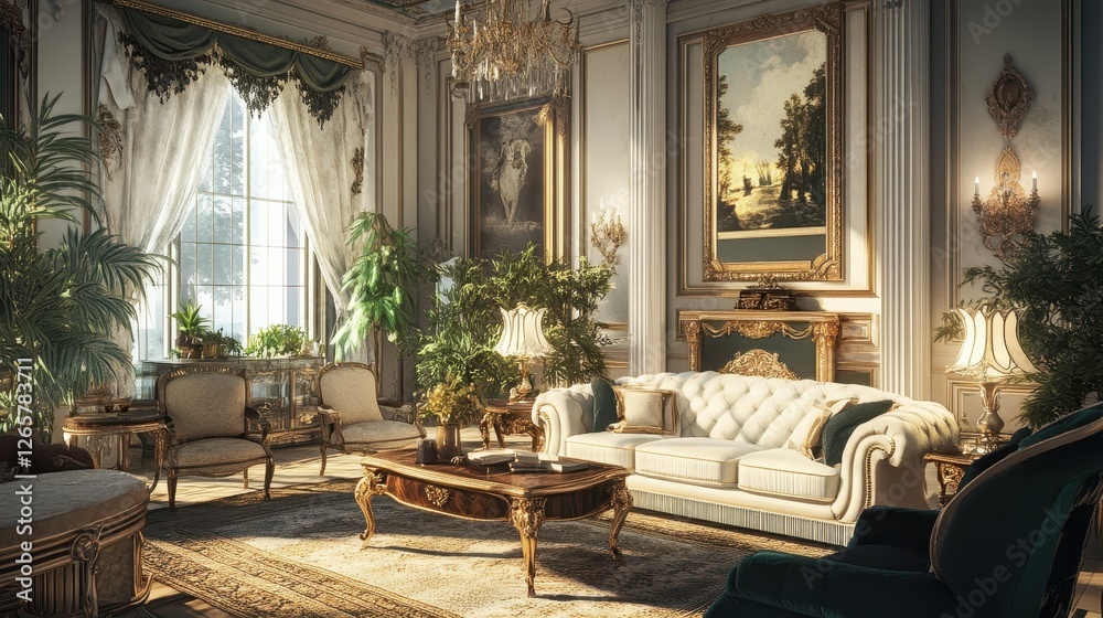 Elaborately decorated living room featuring antique furniture and plants