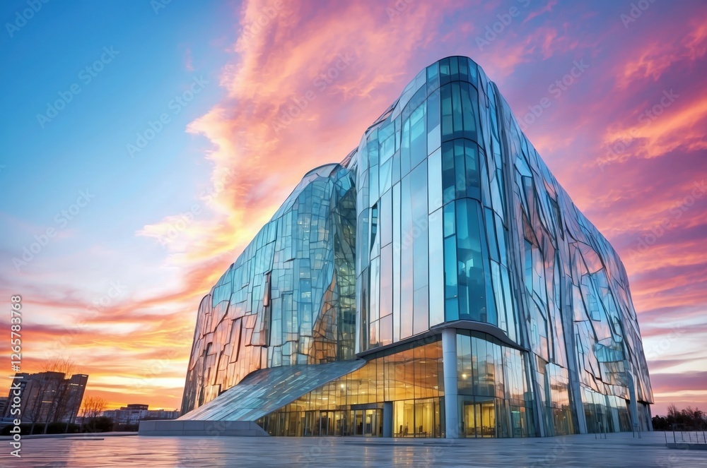 Obraz premium Futuristic modern abstract architecture office building design with flowing shapes and vibrant colors in an urban setting during daylight. 