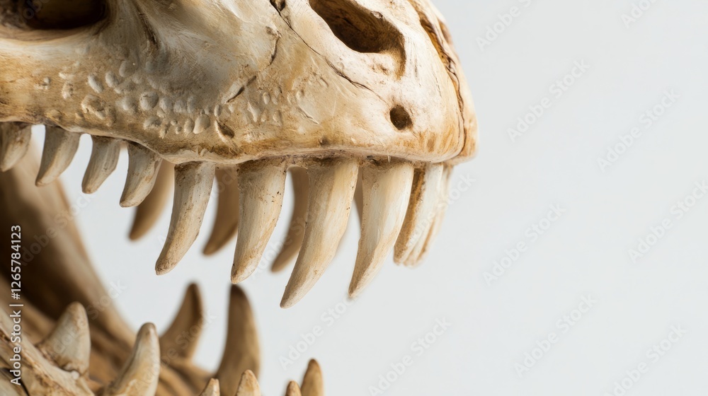 Naklejka premium Close-up of a T-Rex figurine with sharp teeth, showcasing its fierce and prehistoric essence.