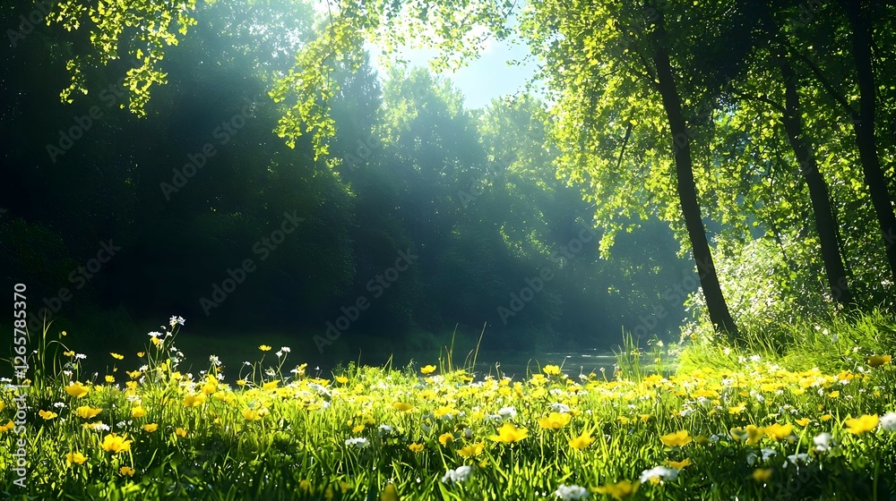 Obraz premium Sunlit Meadow With Dandelions And Wildflowers In Green Forest