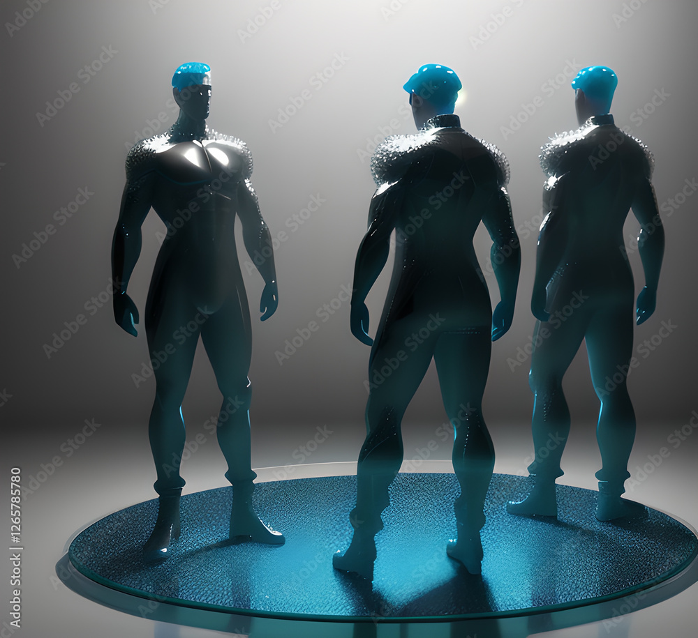 Obraz premium Abstract surrealistic - illustration of glass statue several people standing in pose. Concept project. mindfulness and meditation. Futuristic. cyberpunk. innovation different types of poses. generativ