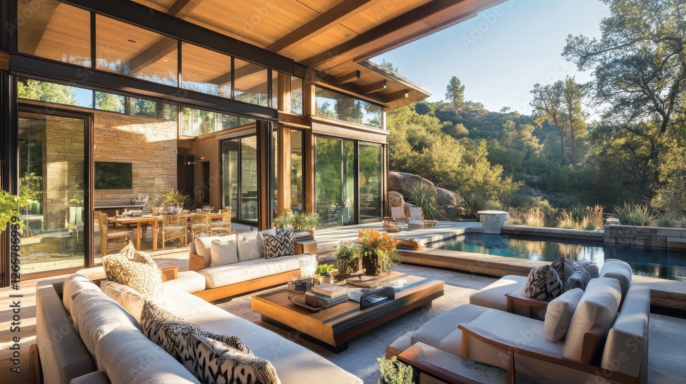 Naklejka premium Luxurious outdoor living area with pool overlooking nature landscape