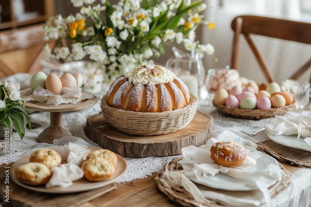 A traditional family holiday table. Easter dinner with Easter bread and Easter eggs A traditional family holiday table. Easter dinner with Easter bread and Easter eggs