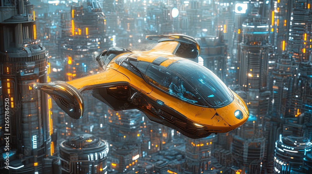 A flying car weaving through glowing skyscrapers in a vibrant futuristic city, sleek and dynamic A flying car weaving through glowing skyscrapers in a vibrant futuristic city, sleek and dynamic