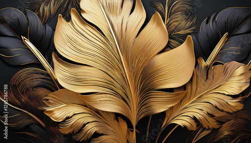 3d classic wallpaper with golden tropical leaves on a black texture mural background bedroom decoration artwork design