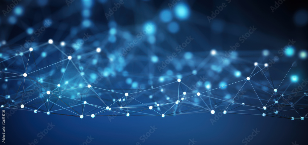 Abstract digital network with glowing nodes and connections, representing technology and data flow. blue background enhances futuristic feel Abstract digital network with glowing nodes and connections, representing technology and data flow. blue background enhances futuristic feel