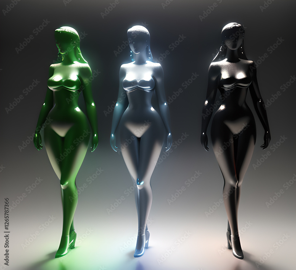 Abstract surrealistic - illustration of glass statue several people standing in pose. Concept project. mindfulness and meditation. Futuristic. cyberpunk. innovation different types of poses. generativ