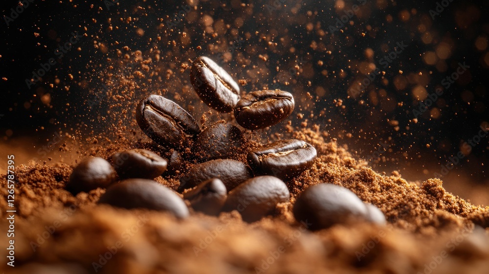Coffee beans exploding over ground coffee, dark background Coffee beans exploding over ground coffee, dark background