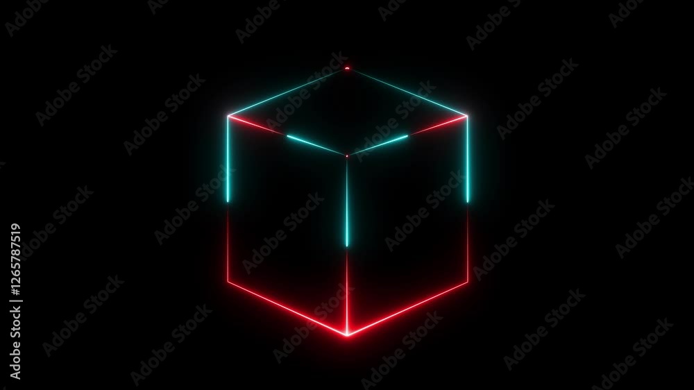 Abstract background, cube box with glowing neon lines on black background. Neon 3d square box stroke icon. Square box with bright. Glowing looping pentagonal neon rectangle frame icon. Abstract background, cube box with glowing neon lines on black background. Neon 3d square box stroke icon. Square box with bright. Glowing looping pentagonal neon rectangle frame icon.