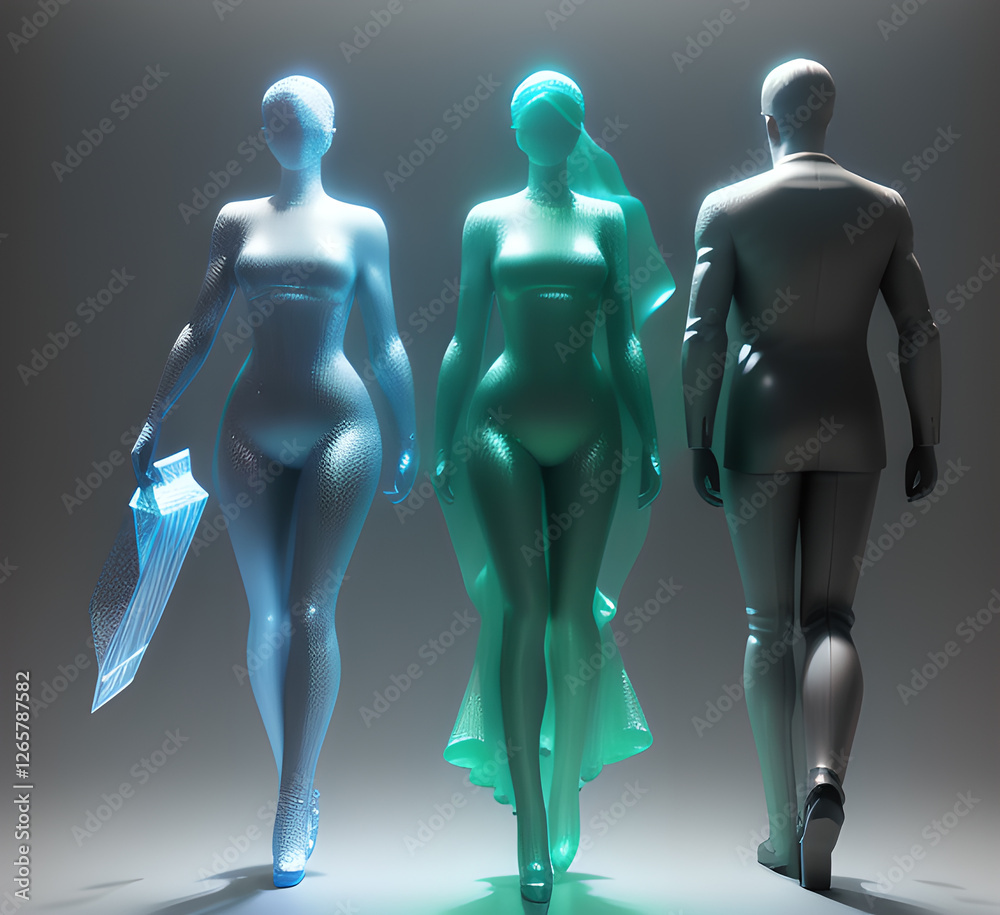 Obraz premium Abstract surrealistic - illustration of glass statue several people standing in pose. Concept project. mindfulness and meditation. Futuristic. cyberpunk. innovation different types of poses. generativ