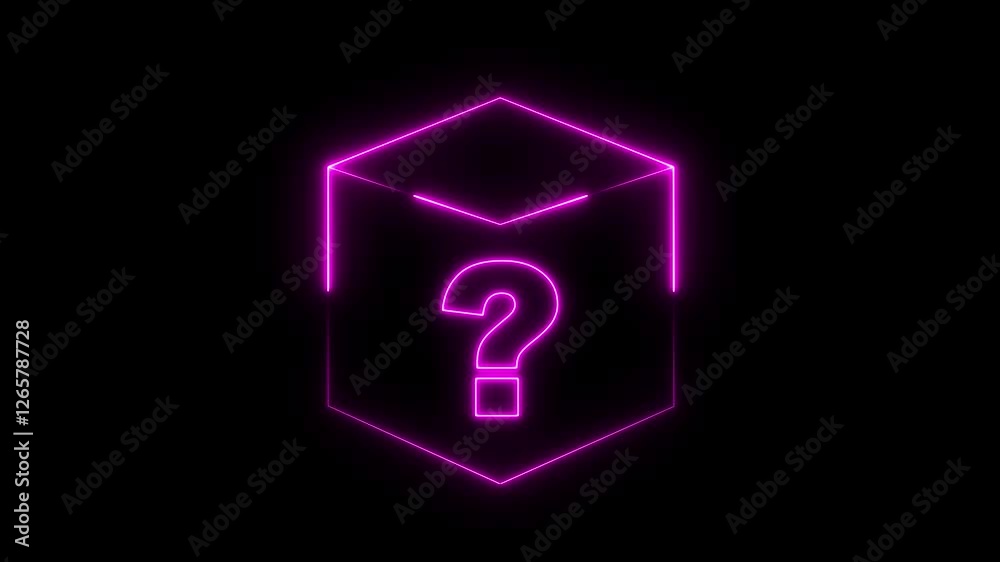 Neon glowing square frame on black background with question mark icon ...