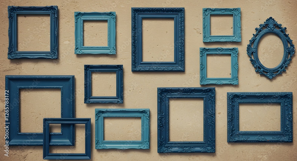 Eclectic Collection of Blue Ornate Frames Displayed on Rustic Wall
Eclectic Collection of Blue Ornate Frames Displayed on Rustic Wall