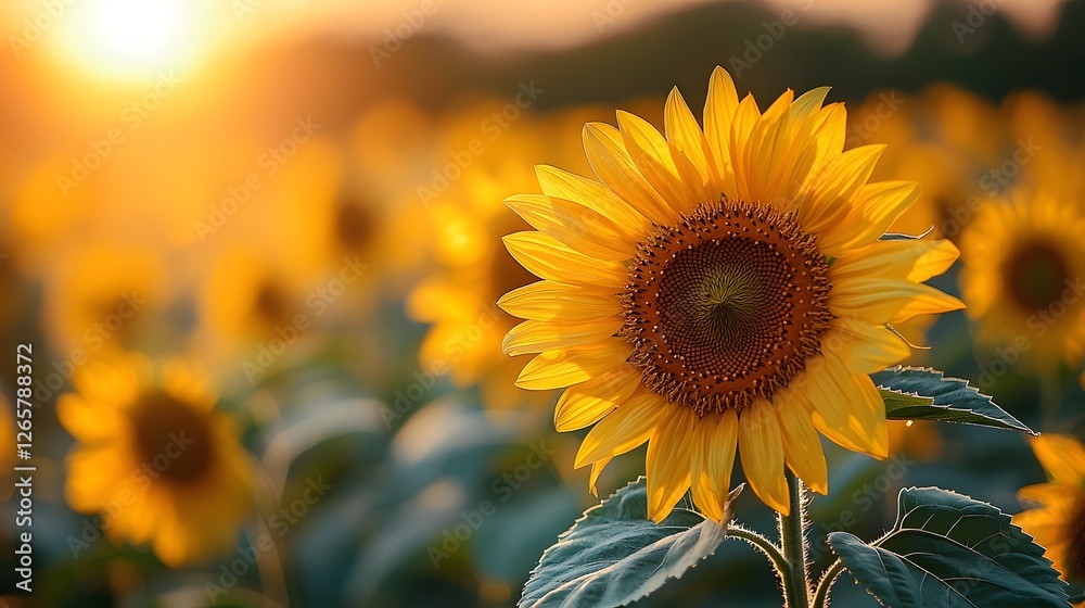 Obraz premium Vast golden sunflower field stretching toward the horizon the flowers swaying gently in a soft breeze with warm sunset hues illuminating the lush peaceful scene