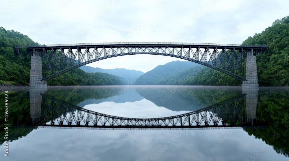 Fototapeta premium Serene Arch Bridge Over Calm Waters Reflecting Lush Greenery
