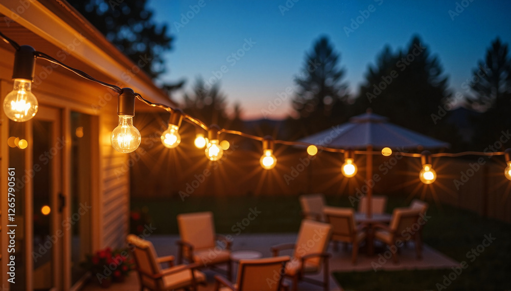 Fototapeta premium Warm string lights creating cozy ambiance on back patio, evening magic