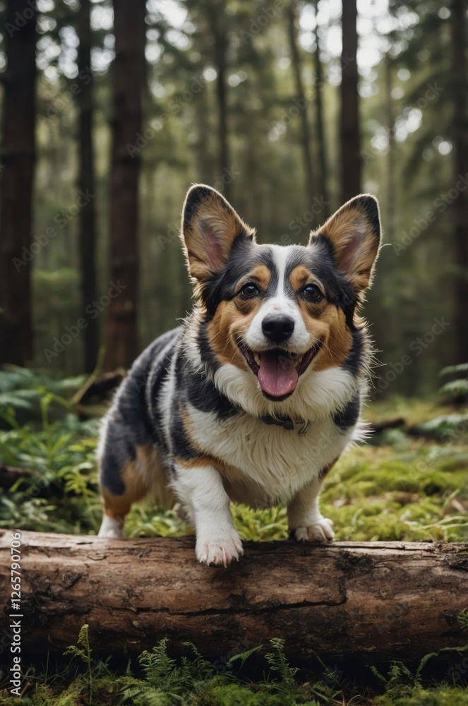 A happy corgi standing on a log in a lush forest, surrounded by trees and greenery. A happy corgi standing on a log in a lush forest, surrounded by trees and greenery.