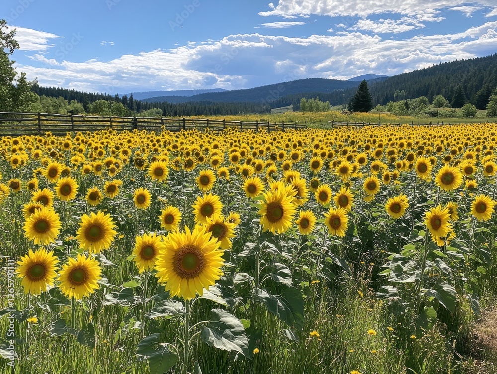 Obraz premium Vibrant Sunflower Field Under Blue Sky and Rolling Hills in a Serene Landscape