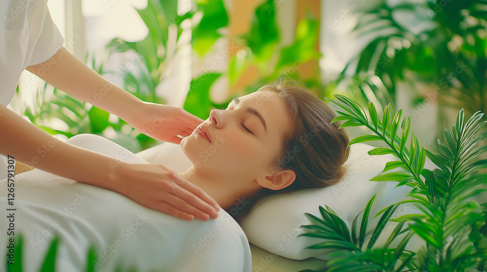 Masseuse giving relaxing head massage to young woman in spa with plants Masseuse giving relaxing head massage to young woman in spa with plants