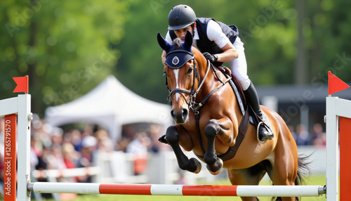 Powerful horse soaring over a hurdle in competition, thrilling sport