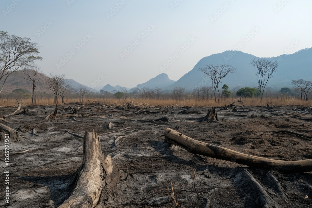 dramatic illustration over cracked earth in a dry forest. drought landscape background. View after wild fire dramatic illustration over cracked earth in a dry forest. drought landscape background. View after wild fire