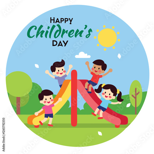 A cheerful illustration of children playing on a colorful slide in a park