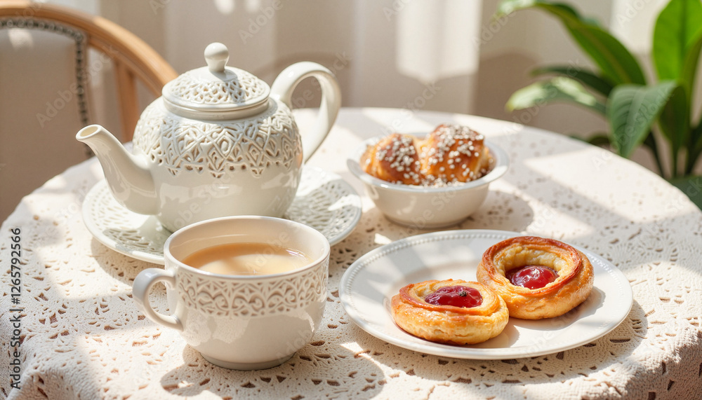 Delightful tea and pastries on lace-covered table, cozy ambiance Delightful tea and pastries on lace-covered table, cozy ambiance
