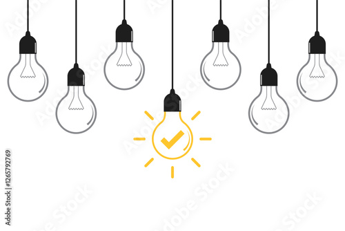 Creative idea concept. Hanging light bulbs on yellow background