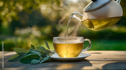 Pouring fresh sage tea into glass cup on wooden table outdoors photo