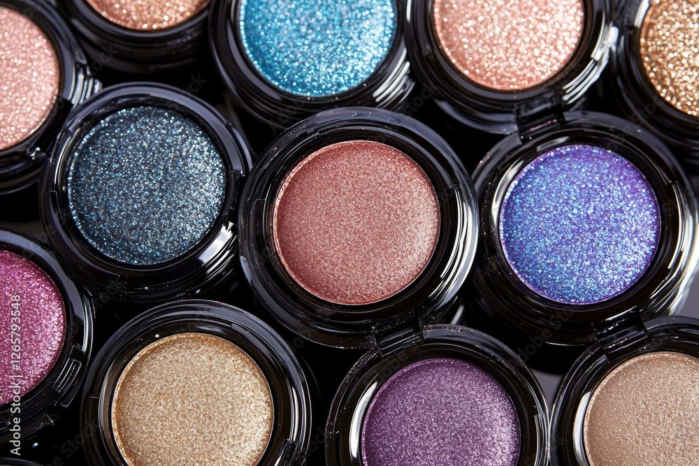 Artistic display of eyeshadow pots features a variety of bold and metallic shades. Each pot boasts shimmering textures, creating a vibrant and colorful collection perfect for beauty enthusiasts Artistic display of eyeshadow pots features a variety of bold and metallic shades. Each pot boasts shimmering textures, creating a vibrant and colorful collection perfect for beauty enthusiasts