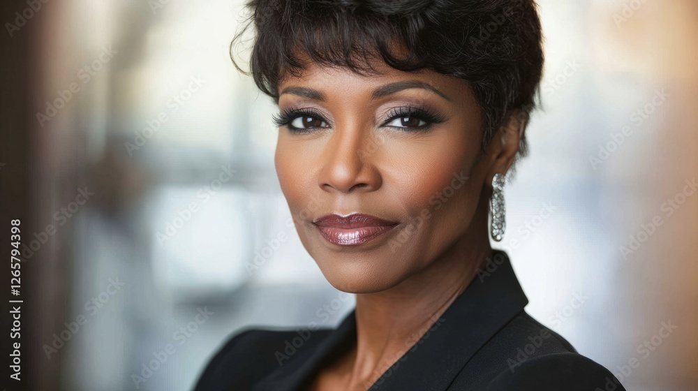 Naklejka premium Confident black businesswoman exudes professionalism and leadership in a corporate setting.