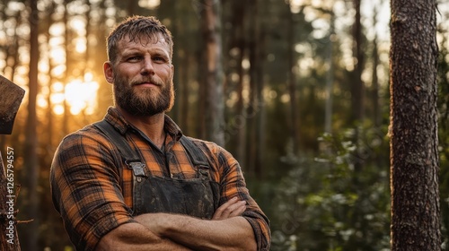 A confident lumberjack stands tall in a sun-drenched forest, exuding self-assurance and resilience, embodying the spirit of outdoor life and hard work.