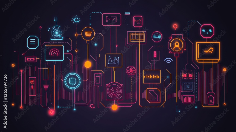 Obraz premium Internet of Things (IoT) connected with blockchain technology and RPA systems displayed on a solid background symbolizing automation and security