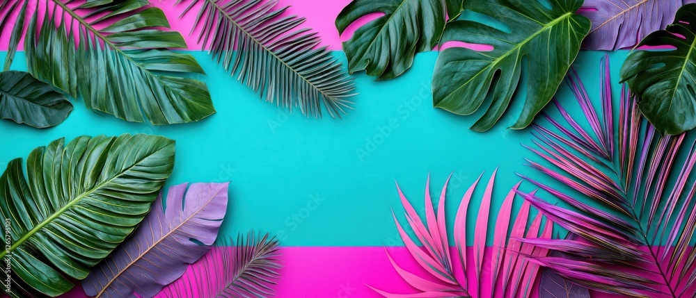 Naklejka premium Vibrant Tropical Leaves on Pink and Teal Background