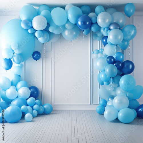vibrant display of blue balloons creates festive atmosphere, perfect for celebrations and events. arrangement features various shades and sizes, enhancing joyful ambiance