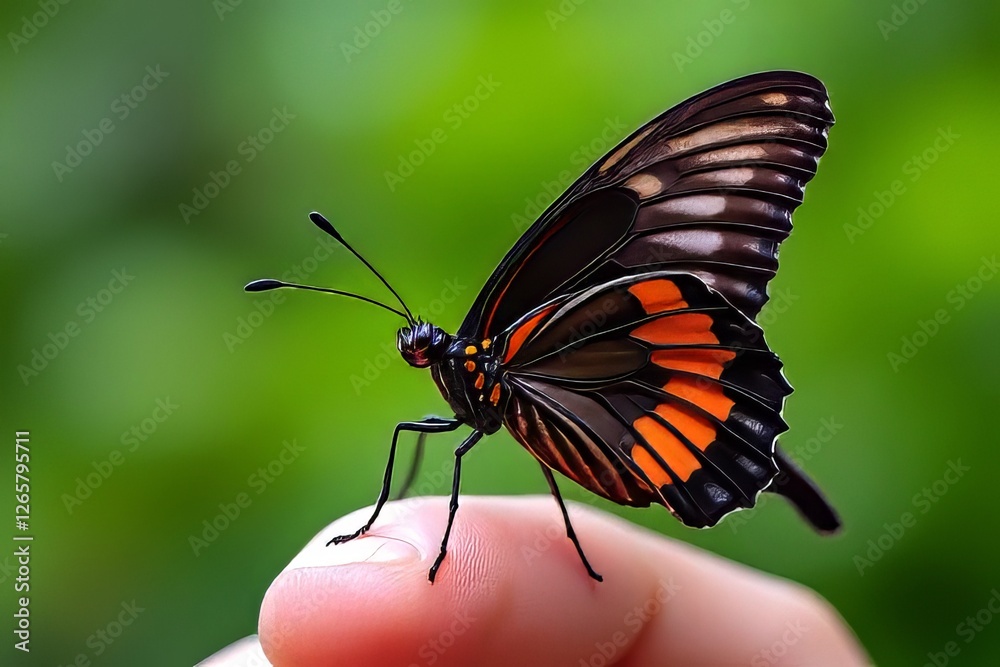 Close-up of a Butterfly with Orange and Black Wings on a Finger Close-up of a Butterfly with Orange and Black Wings on a Finger