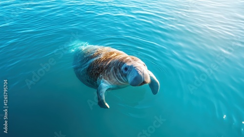 A serene manatee floats gracefully in calm, clear waters, highlighting the tranquility of its habitat and the enchanting beauty of marine life in an unspoiled environment.