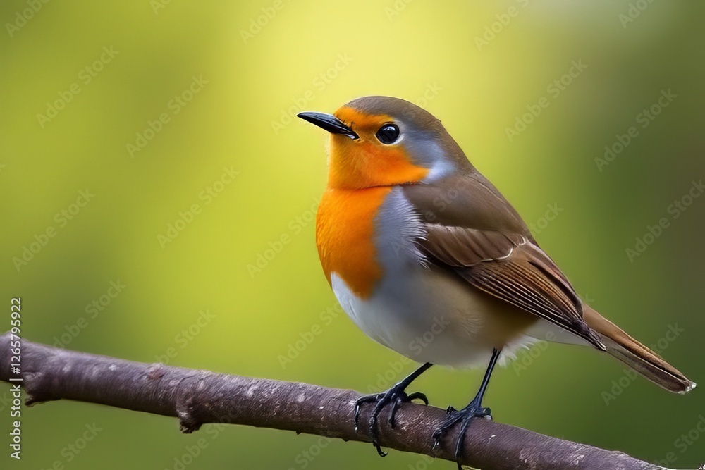 Fototapeta premium Close-up of a European Robin perched on a branch, vibrant colors and details.