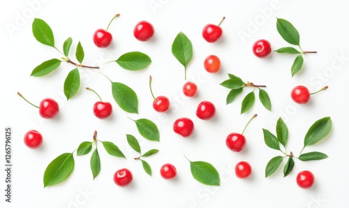 Cherries and leaves arranged on white background; food photography for recipe blogs or websites