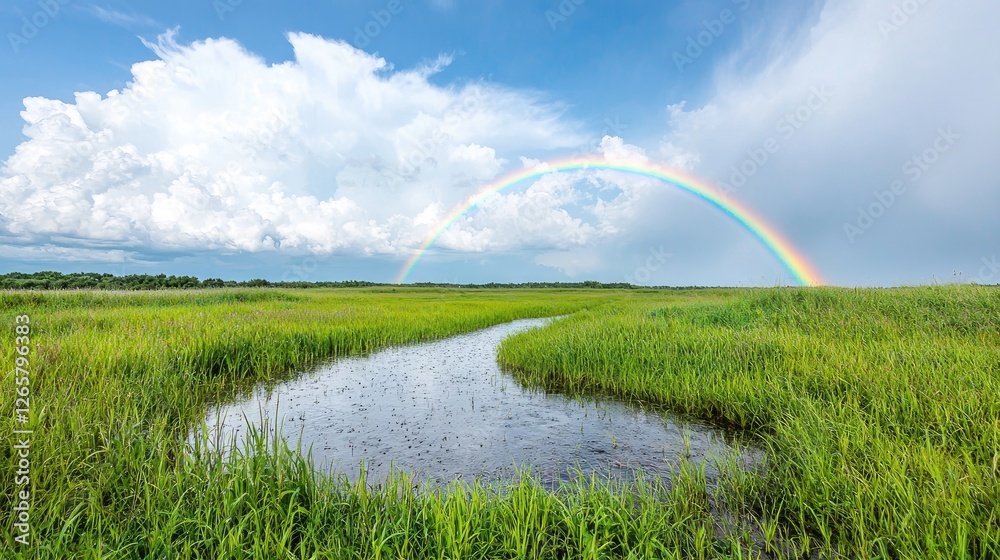 Naklejka premium Rainbow over grassy field and stream. Post-rain landscape. Nature photography