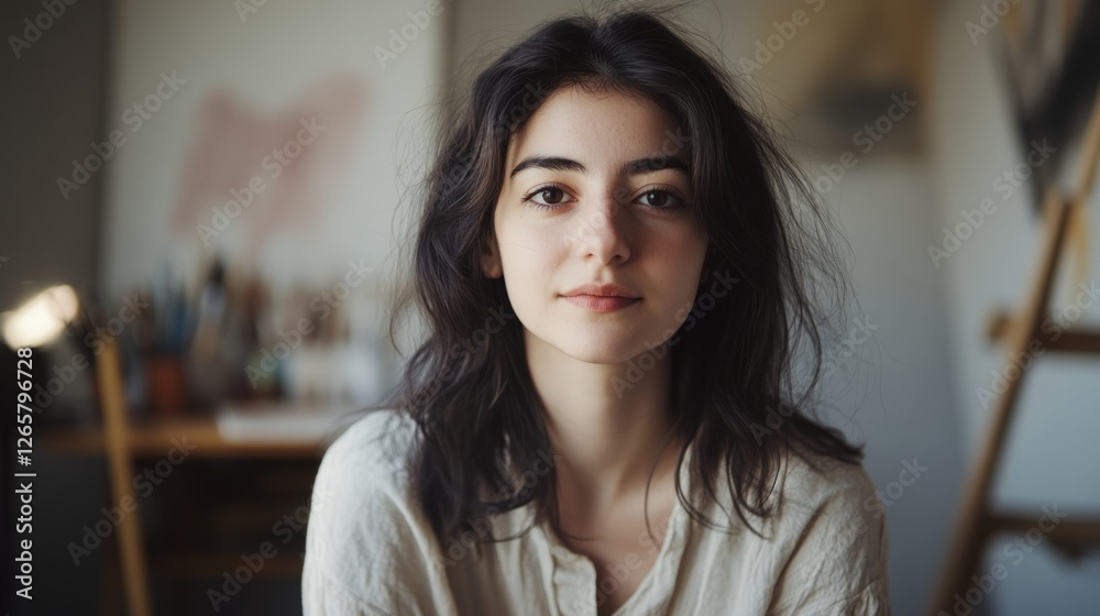 Young woman in a cozy studio, soft light on her face, surrounded by blurred art supplies, embodying creativity and focus. Young woman in a cozy studio, soft light on her face, surrounded by blurred art supplies, embodying creativity and focus.