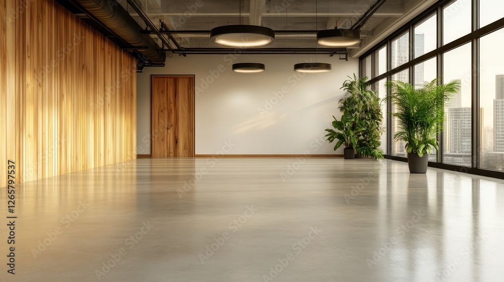 This image showcases a chic modern office featuring elegant wooden walls, stylish plants, and ample natural light, emphasizing a perfect blend of functionality and aesthetics. This image showcases a chic modern office featuring elegant wooden walls, stylish plants, and ample natural light, emphasizing a perfect blend of functionality and aesthetics.