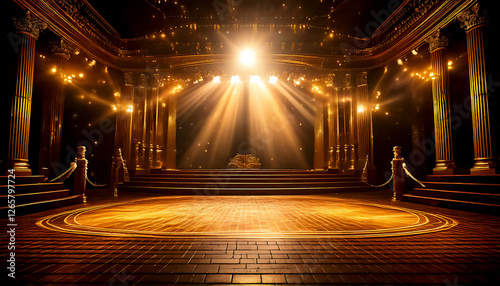 Empty stage, podium for advertising in the golden spotlight, romantic, elegance and sophistication in cinema style. Glamorous and to convey a sense of classic stardom