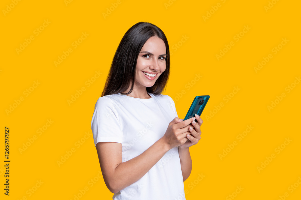 Communication chat. Woman blogger use smartphone isolated on yellow. Surfing internet and blogging. Chatting and texting SMS. Millennial woman chat online. Woman blogging on phone. Shopping order Communication chat. Woman blogger use smartphone isolated on yellow. Surfing internet and blogging. Chatting and texting SMS. Millennial woman chat online. Woman blogging on phone. Shopping order