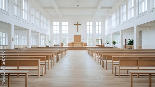 Modern Minimalist Church Interior with Light Wood Benches