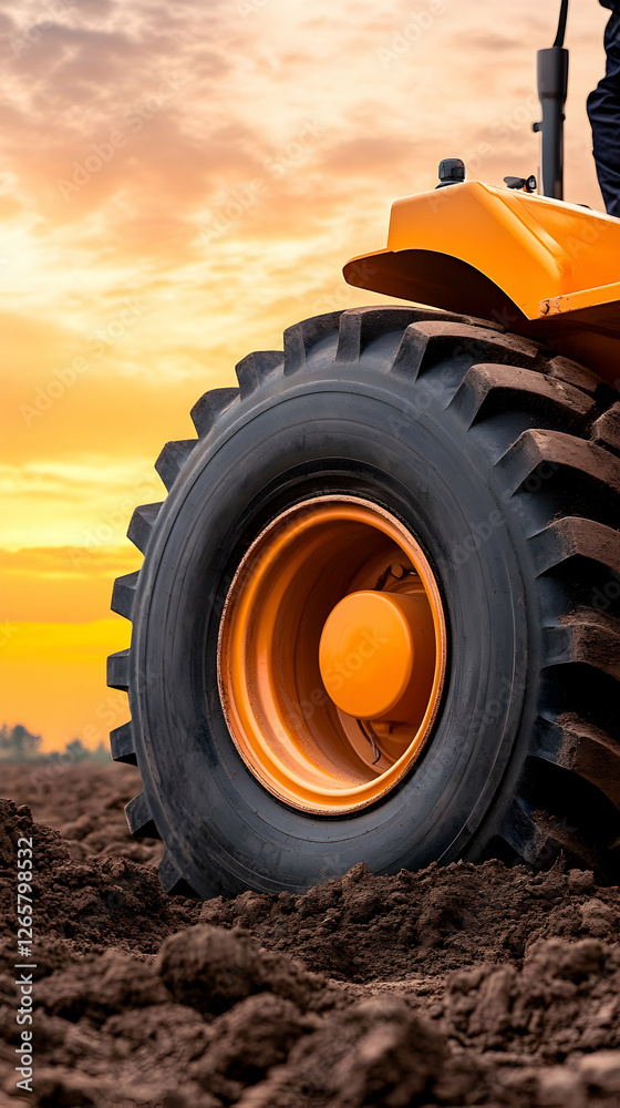Agricultural tractor with tire on plowed field during sunset, farming background use Agricultural tractor with tire on plowed field during sunset, farming background use
