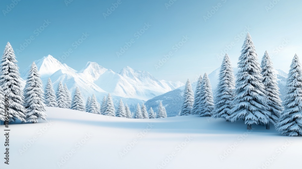 Fototapeta premium Serene Winter Landscape with Snow-Covered Pine Trees and Majestic Mountains in Bright Blue Sky