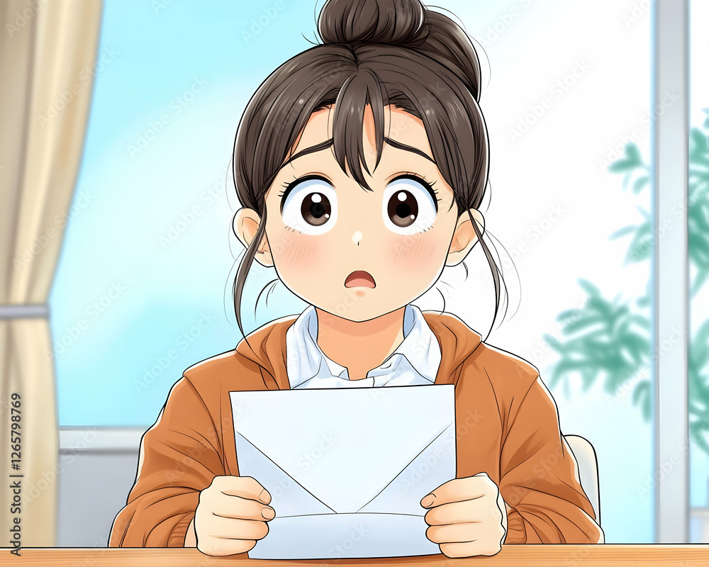 Animated girl receives unexpected news, sitting at desk with window background Animated girl receives unexpected news, sitting at desk with window background